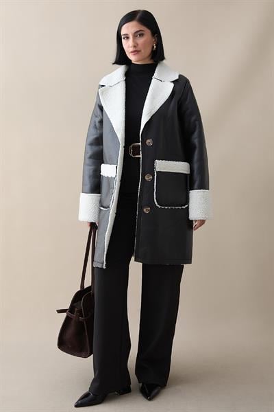 Kürklü Suni Deri Cepli Kaban - Siyah