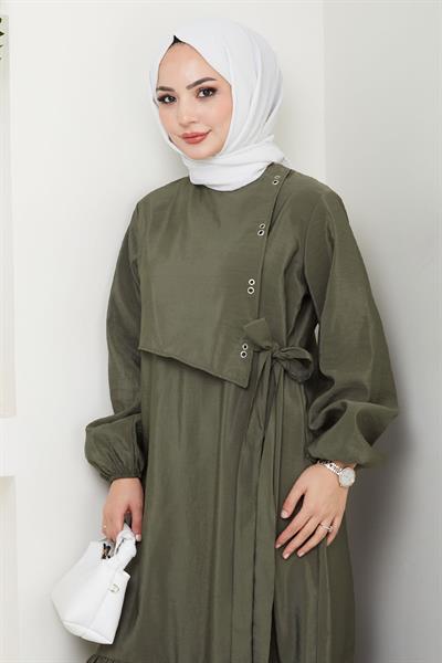 Kuş Gözü Detaylı Modal Haki Elbise