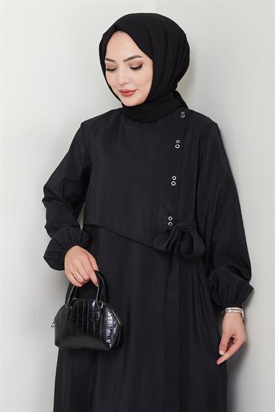 Kuş Gözü Detaylı Modal Siyah Elbise