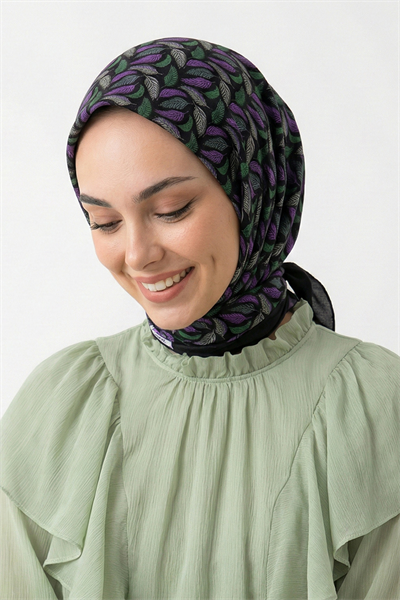 Kuş Tüyü Desenli Mor Pamuk Eşarp