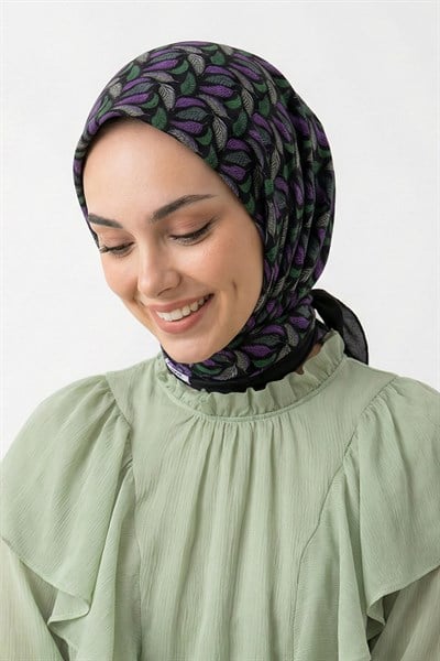 Kuş Tüyü Desenli Mor Pamuk Eşarp