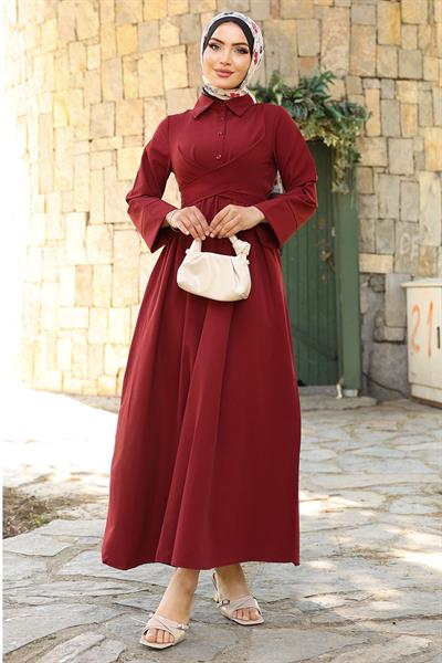 Kuşak Detaylı Gömlek Yaka Bordo Elbise