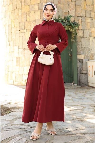Kuşak Detaylı Gömlek Yaka Bordo Elbise