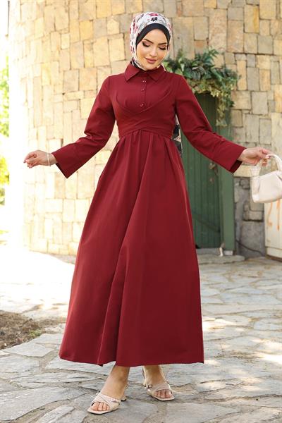 Kuşak Detaylı Gömlek Yaka Bordo Elbise