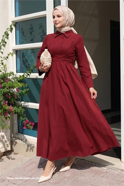 Kuşak Detaylı Gömlek Yaka Bordo Elbise
