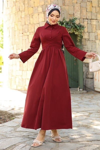 Kuşak Detaylı Gömlek Yaka Bordo Elbise