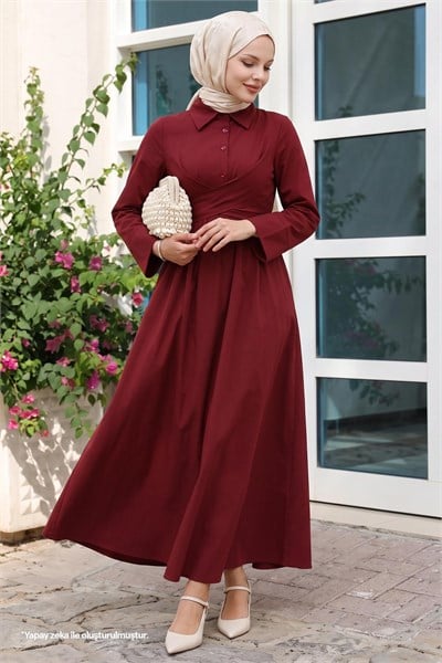 Kuşak Detaylı Gömlek Yaka Bordo Elbise