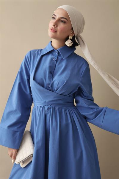 Kuşak Detaylı Gömlek Yaka İndigo Elbise