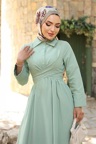 Kuşak Detaylı Gömlek Yaka Mint Yeşili Elbise