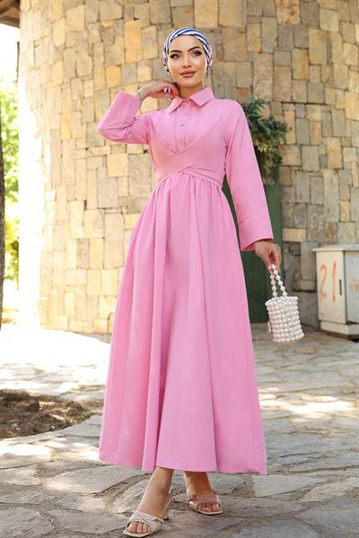 Kuşak Detaylı Gömlek Yaka Pembe Elbise