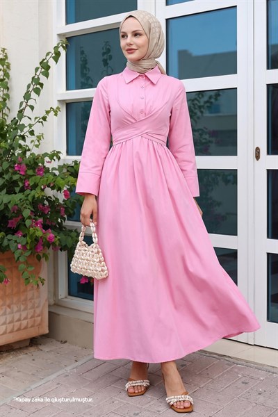 Kuşak Detaylı Gömlek Yaka Pembe Elbise