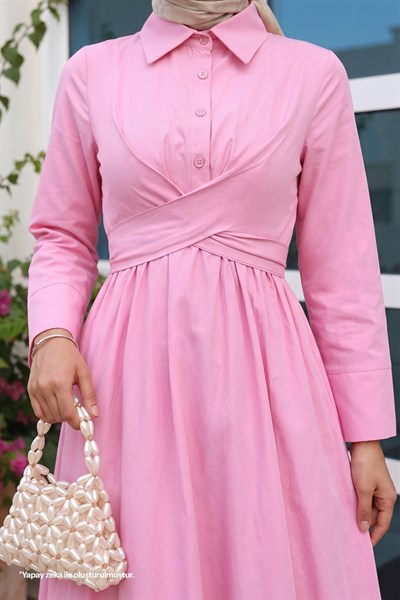 Kuşak Detaylı Gömlek Yaka Pembe Elbise