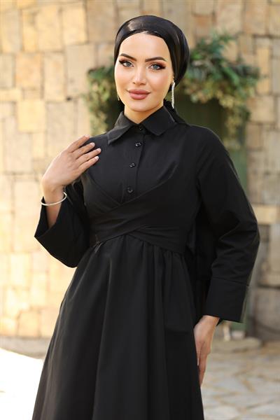 Kuşak Detaylı Gömlek Yaka Siyah Elbise