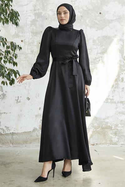 Kuşaklı Balon Kol Siyah Saten Elbise
