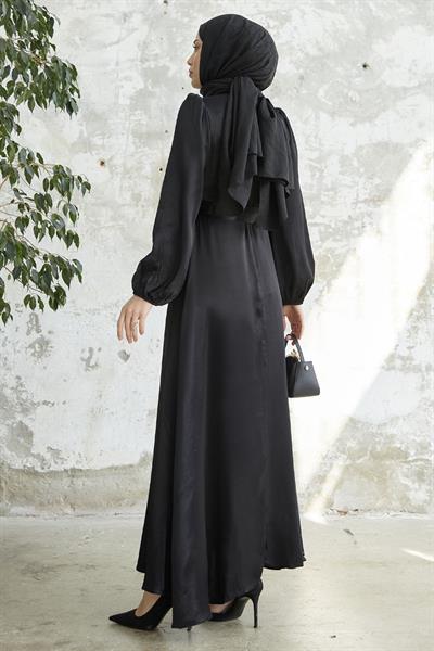 Kuşaklı Balon Kol Siyah Saten Elbise