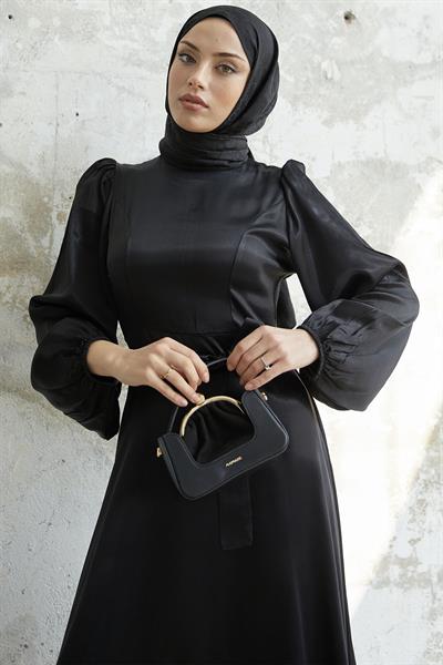 Kuşaklı Balon Kol Siyah Saten Elbise