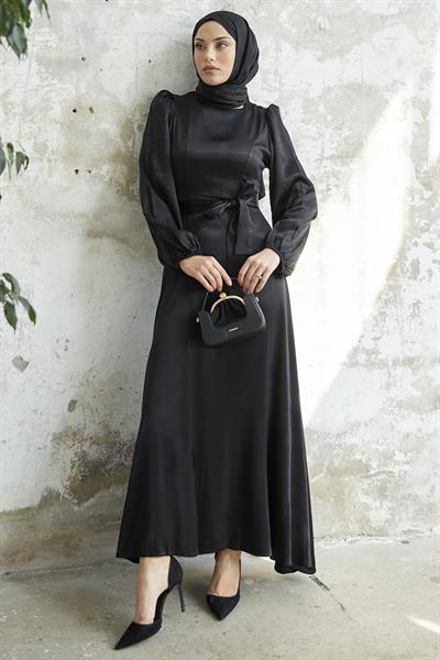 Kuşaklı Balon Kol Siyah Saten Elbise