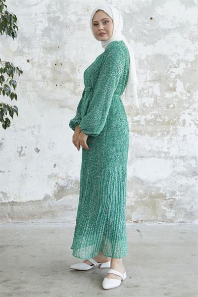 Kuşaklı Çıtır Desen Yeşil Şifon Elbise