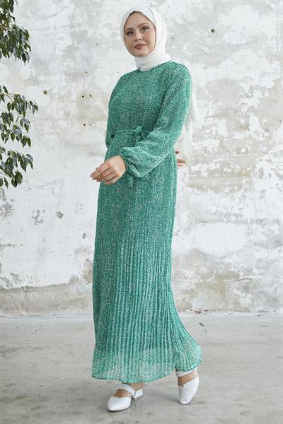 Kuşaklı Çıtır Desen Yeşil Şifon Elbise