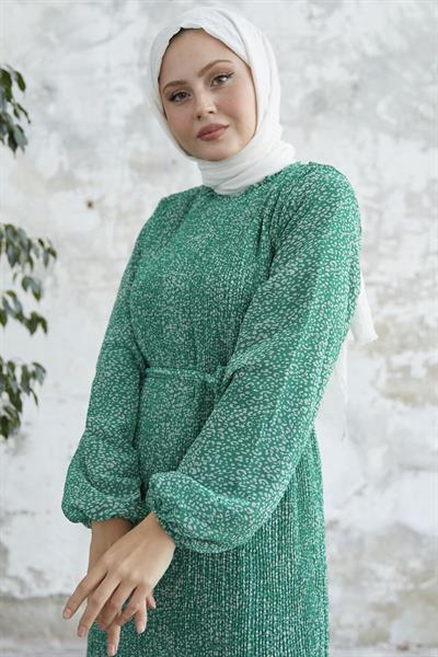 Kuşaklı Çıtır Desen Yeşil Şifon Elbise
