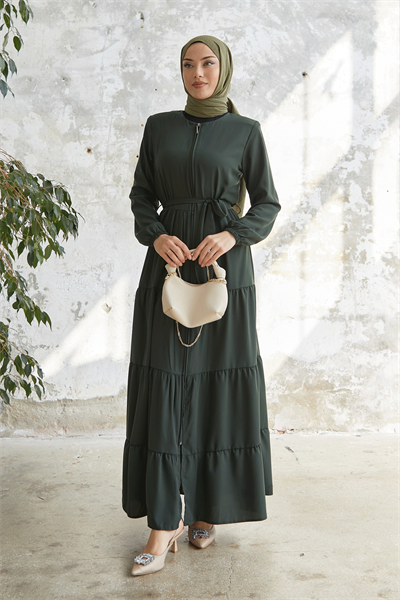 Kuşaklı Eteği Büzgü Haki Ferace