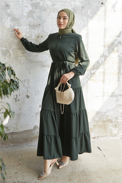 Kuşaklı Eteği Büzgü Haki Ferace