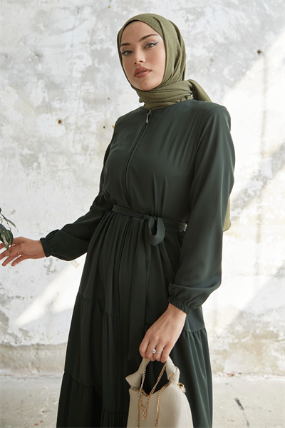 Kuşaklı Eteği Büzgü Haki Ferace