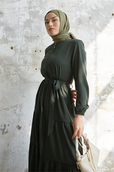 Kuşaklı Eteği Büzgü Haki Ferace