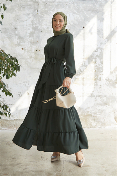 Kuşaklı Eteği Büzgü Haki Ferace