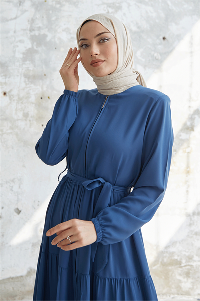 Kuşaklı Eteği Büzgü İndigo Ferace