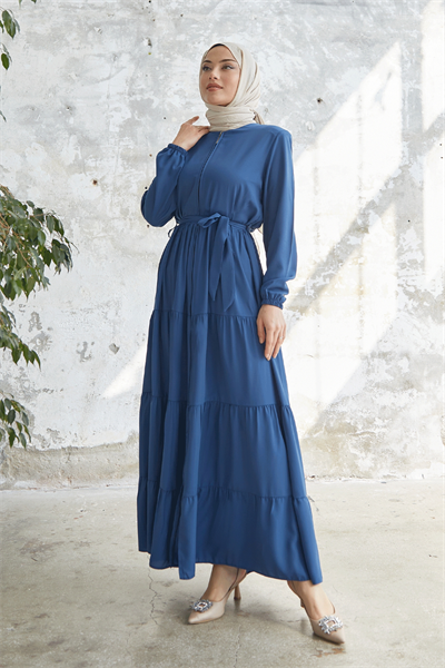 Kuşaklı Eteği Büzgü İndigo Ferace
