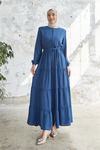 Kuşaklı Eteği Büzgü İndigo Ferace