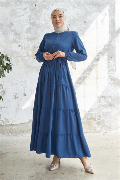 Kuşaklı Eteği Büzgü İndigo Ferace