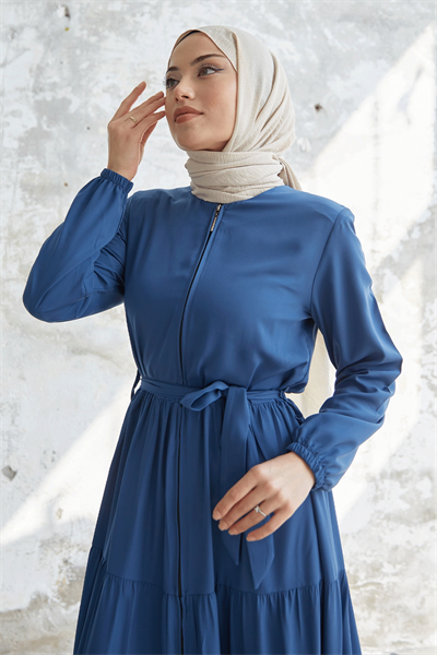 Kuşaklı Eteği Büzgü İndigo Ferace