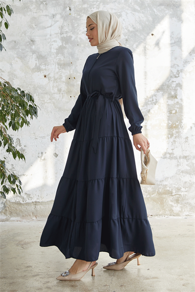 Kuşaklı Eteği Büzgü Lacivert Ferace