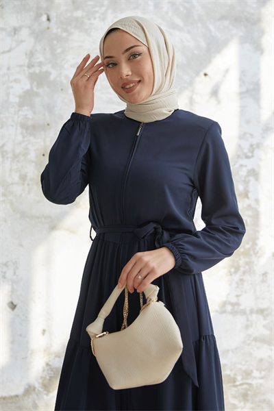 Kuşaklı Eteği Büzgü Lacivert Ferace