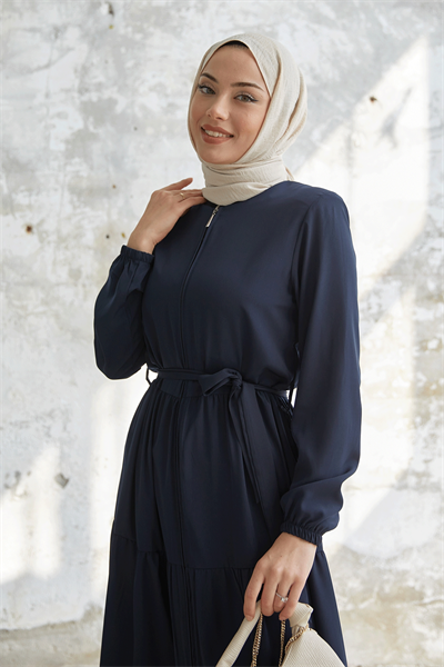 Kuşaklı Eteği Büzgü Lacivert Ferace