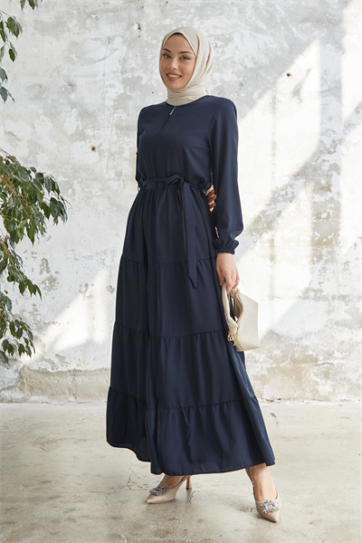 Kuşaklı Eteği Büzgü Lacivert Ferace