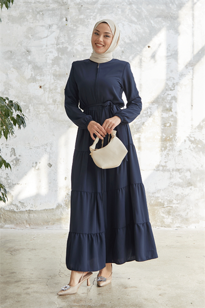 Kuşaklı Eteği Büzgü Lacivert Ferace