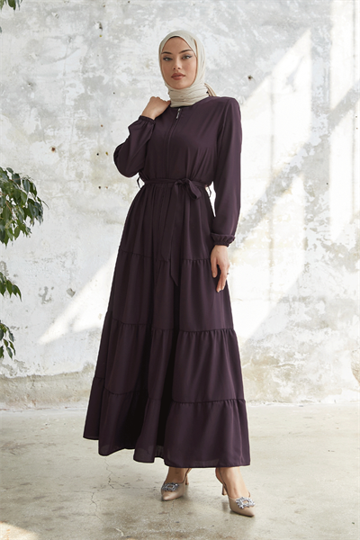 Kuşaklı Eteği Büzgü Mürdüm Ferace