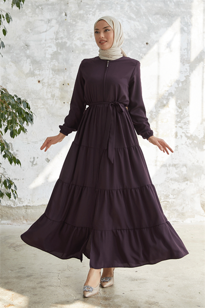 Kuşaklı Eteği Büzgü Mürdüm Ferace