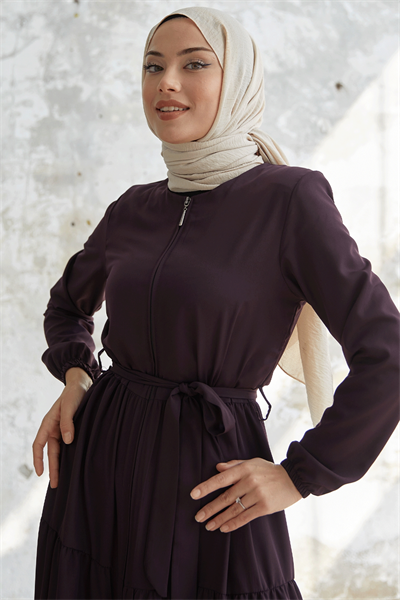 Kuşaklı Eteği Büzgü Mürdüm Ferace