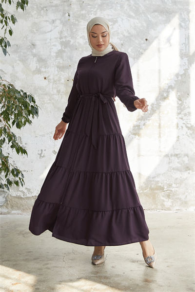 Kuşaklı Eteği Büzgü Mürdüm Ferace