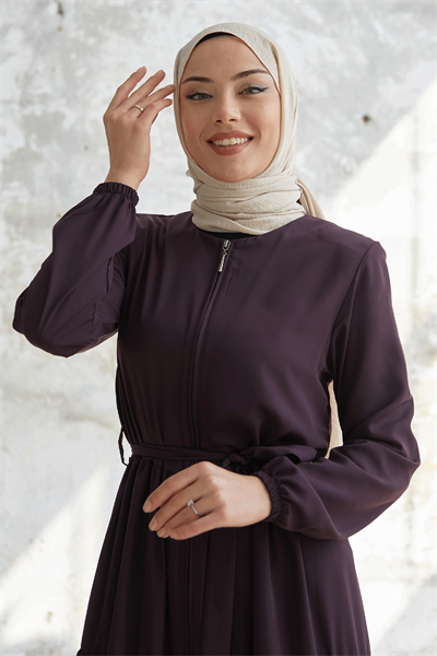 Kuşaklı Eteği Büzgü Mürdüm Ferace