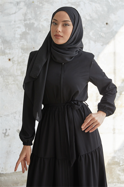 Kuşaklı Eteği Büzgü Siyah Ferace