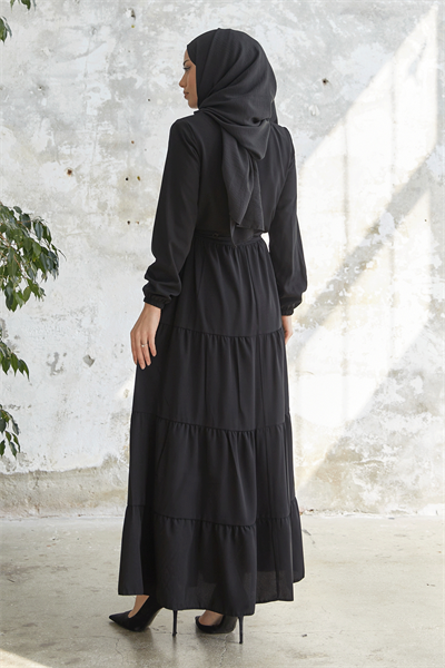 Kuşaklı Eteği Büzgü Siyah Ferace