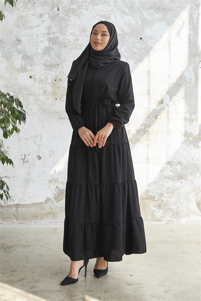 Kuşaklı Eteği Büzgü Siyah Ferace