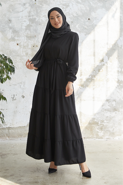 Kuşaklı Eteği Büzgü Siyah Ferace