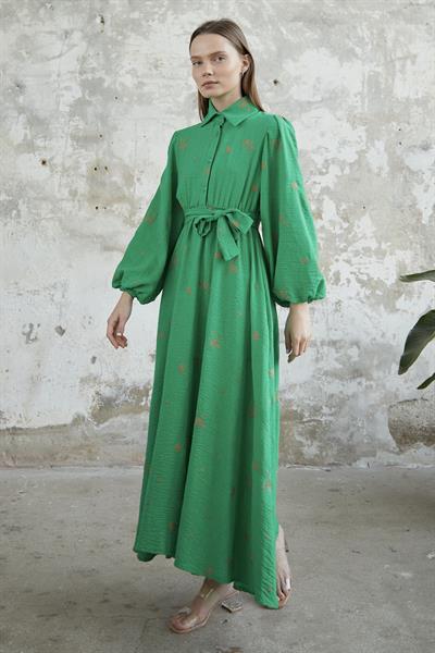 Kuşaklı İşlemeli Nakışlı Yeşil Elbise