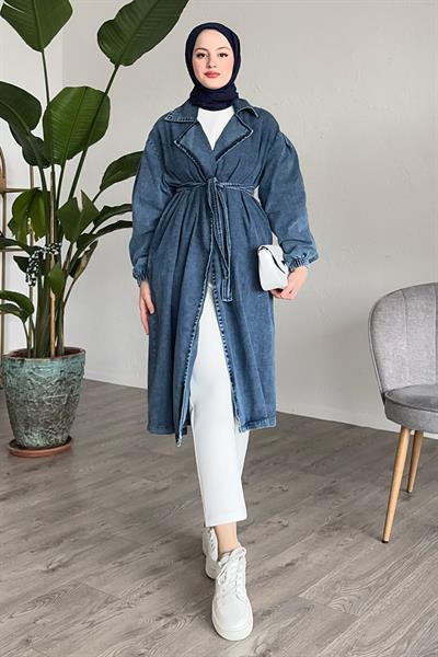 Kuşaklı Kot Mavi Kap